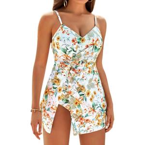 GRACE KARIN Women’s One Piece Swim Dress V Neck Tummy Control Swimsuit Vacation Beachwear Bathing Suit(White & Yellow)