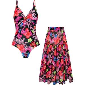 GRACE KARIN Women’s One Piece Swimsuits with Cover Up Skirt Tummy Control V Neck Bathing Suits(Black Red Floral)