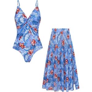 GRACE KARIN Women’s One Piece Swimsuits with Cover Up Skirt Tummy Control V Neck Bathing Suits(Blue Floral)