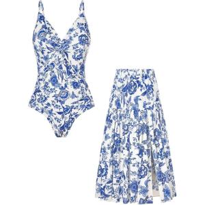 GRACE KARIN Women’s One Piece Swimsuits with Cover Up Skirt Tummy Control V Neck Bathing Suits(Blue White Floral)