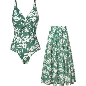 GRACE KARIN Women’s One Piece Swimsuits with Cover Up Skirt Tummy Control V Neck Bathing Suits(Green Floral)