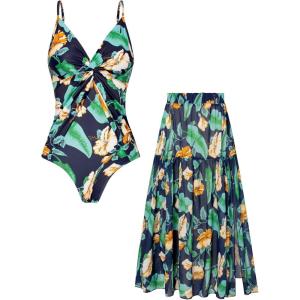 GRACE KARIN Women’s One Piece Swimsuits with Cover Up Skirt Tummy Control V Neck Bathing Suits(Navy Blue Floral)