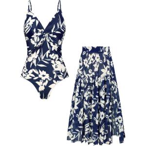 GRACE KARIN Women’s One Piece Swimsuits with Cover Up Skirt Tummy Control V Neck Bathing Suits(Navy Blue White Floral)