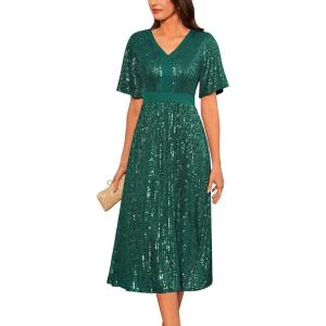GRACE KARIN Women’s Sequin V Neck Ruffle Sleeve Empire Waist Sparkly Glitter A Line Cocktail Formal Dresses(Dark Green)