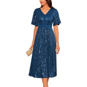 GRACE KARIN Women’s Sequin V Neck Ruffle Sleeve Empire Waist Sparkly Glitter A Line Cocktail Formal Dresses(Peacock Blue)