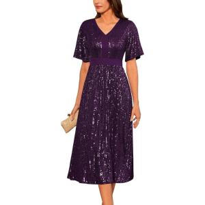 GRACE KARIN Women’s Sequin V Neck Ruffle Sleeve Empire Waist Sparkly Glitter A Line Cocktail Formal Dresses(Purple)