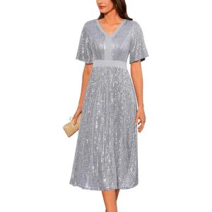 GRACE KARIN Women’s Sequin V Neck Ruffle Sleeve Empire Waist Sparkly Glitter A Line Cocktail Formal Dresses(Silver)