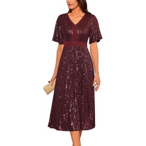 GRACE KARIN Women’s Sequin V Neck Ruffle Sleeve Empire Waist Sparkly Glitter A Line Cocktail Formal Dresses(Wine Red)