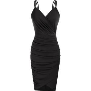GRACE KARIN Women’s Sexy Spaghetti Straps Cocktail Dresses for Wedding Guest Ruched V-Neck Bodycon Dress(Solid Black)