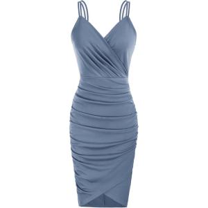 GRACE KARIN Women’s Sexy Spaghetti Straps Cocktail Dresses for Wedding Guest Ruched V-Neck Bodycon Dress(Solid Blue Gray)