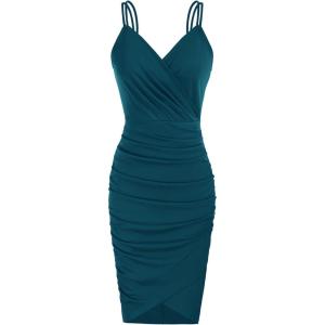 GRACE KARIN Women’s Sexy Spaghetti Straps Cocktail Dresses for Wedding Guest Ruched V-Neck Bodycon Dress(Solid Dark Blue Green)