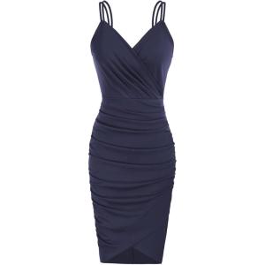 GRACE KARIN Women’s Sexy Spaghetti Straps Cocktail Dresses for Wedding Guest Ruched V-Neck Bodycon Dress(Solid Navy Blue)