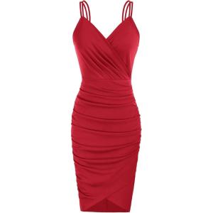 GRACE KARIN Women’s Sexy Spaghetti Straps Cocktail Dresses for Wedding Guest Ruched V-Neck Bodycon Dress(Solid Red)