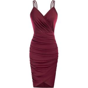 GRACE KARIN Women’s Sexy Spaghetti Straps Cocktail Dresses for Wedding Guest Ruched V-Neck Bodycon Dress(Solid Wine Red)