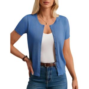 GRACE KARIN Womens Short Sleeve Cardigan Crewneck Basic Summer Button Down Knit Soft Sweater(Blue)