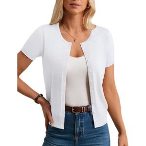 GRACE KARIN Womens Short Sleeve Cardigan Crewneck Basic Summer Button Down Knit Soft Sweater(Bright White)