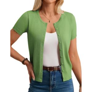 GRACE KARIN Womens Short Sleeve Cardigan Crewneck Basic Summer Button Down Knit Soft Sweater(Forest Green)