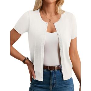 GRACE KARIN Womens Short Sleeve Cardigan Crewneck Basic Summer Button Down Knit Soft Sweater(Ivory)