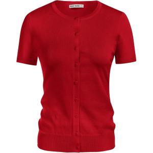 GRACE KARIN Womens Short Sleeve Cardigan Crewneck Basic Summer Button Down Knit Soft Sweater(Red)