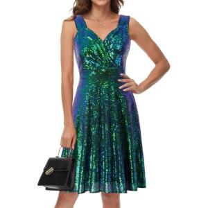 GRACE KARIN Women’s Sleeveless Wrap V-Neck A-line Bridesmaid Cocktail Party Dress(Dark Green(sequin))