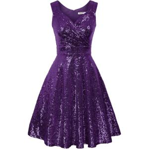 GRACE KARIN Women’s Sleeveless Wrap V-Neck A-line Bridesmaid Cocktail Party Dress(Purple(sequin))