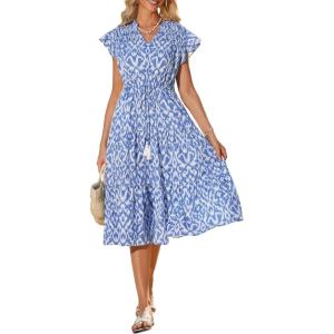 GRACE KARIN Womens Summer Floral Midi Dresses Short Sleeve Beach Wedding Guest Dress Drawstring Long Flowy Dress with Pockets(Blue and White Floral)
