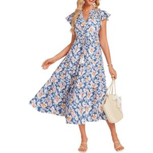 GRACE KARIN Womens Summer Floral Midi Dresses Short Sleeve Beach Wedding Guest Dress Drawstring Long Flowy Dress with Pockets(Blue and White Flower)