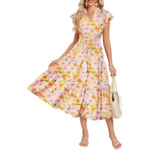 GRACE KARIN Womens Summer Floral Midi Dresses Short Sleeve Beach Wedding Guest Dress Drawstring Long Flowy Dress with Pockets(Blue and Yellow Floral)