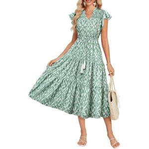GRACE KARIN Womens Summer Floral Midi Dresses Short Sleeve Beach Wedding Guest Dress Drawstring Long Flowy Dress with Pockets(Light Green and Whte Patern)