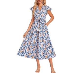 GRACE KARIN Womens Summer Floral Midi Dresses Short Sleeve Beach Wedding Guest Dress Drawstring Long Flowy Dress with Pockets(New Blue White Flower)