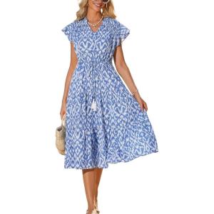 GRACE KARIN Womens Summer Floral Midi Dresses Short Sleeve Beach Wedding Guest Dress Drawstring Long Flowy Dress with Pockets(New Blue and White Floral)