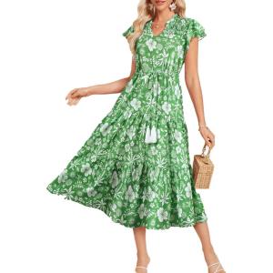 GRACE KARIN Womens Summer Floral Midi Dresses Short Sleeve Beach Wedding Guest Dress Drawstring Long Flowy Dress with Pockets(New Green Floral Patern)