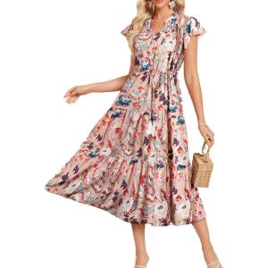 GRACE KARIN Womens Summer Floral Midi Dresses Short Sleeve Beach Wedding Guest Dress Drawstring Long Flowy Dress with Pockets(New Khaki Red Floral)