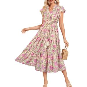GRACE KARIN Womens Summer Floral Midi Dresses Short Sleeve Beach Wedding Guest Dress Drawstring Long Flowy Dress with Pockets(New Yellow Pink Floral)