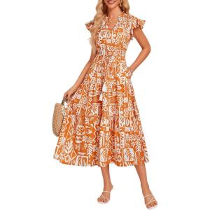 GRACE KARIN Womens Summer Floral Midi Dresses Short Sleeve Beach Wedding Guest Dress Drawstring Long Flowy Dress with Pockets(Orange Patern)
