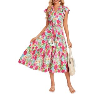 GRACE KARIN Womens Summer Floral Midi Dresses Short Sleeve Beach Wedding Guest Dress Drawstring Long Flowy Dress with Pockets(Pink and Green Floral)