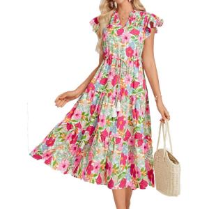 GRACE KARIN Womens Summer Floral Midi Dresses Short Sleeve Beach Wedding Guest Dress Drawstring Long Flowy Dress with Pockets(Pink and Rose Floral)