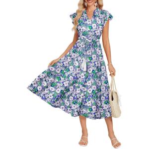 GRACE KARIN Womens Summer Floral Midi Dresses Short Sleeve Beach Wedding Guest Dress Drawstring Long Flowy Dress with Pockets(Purple Floral)