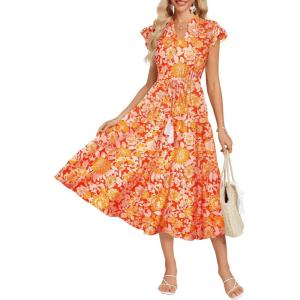 GRACE KARIN Womens Summer Floral Midi Dresses Short Sleeve Beach Wedding Guest Dress Drawstring Long Flowy Dress with Pockets(Red and Orang Floral)