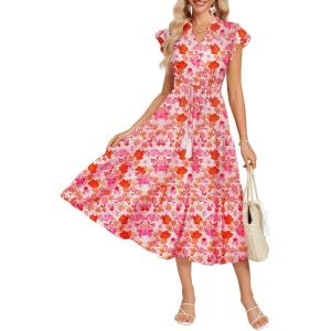 GRACE KARIN Womens Summer Floral Midi Dresses Short Sleeve Beach Wedding Guest Dress Drawstring Long Flowy Dress with Pockets(White and Red Floral)