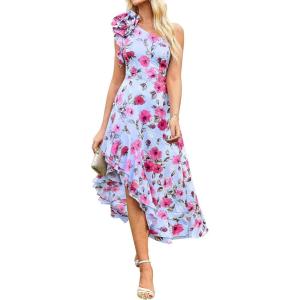 GRACE KARIN Womens Summer One Shoulder Sleeveless Dresses Floral Flowy Ruffle High Low Wedding Guest Maxi Sundresses(Blue Red)