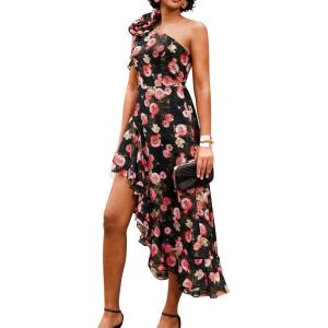 GRACE KARIN Womens Summer One Shoulder Sleeveless Dresses Floral Flowy Ruffle High Low Wedding Guest Maxi Sundresses(Floral Black Red)