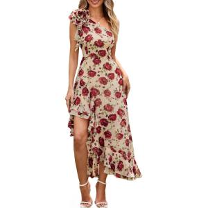GRACE KARIN Womens Summer One Shoulder Sleeveless Dresses Floral Flowy Ruffle High Low Wedding Guest Maxi Sundresses(Floral White Red)