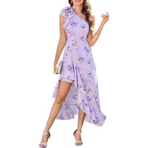 GRACE KARIN Womens Summer One Shoulder Sleeveless Dresses Floral Flowy Ruffle High Low Wedding Guest Maxi Sundresses(Purple Flowers)