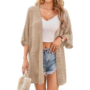 GRACE KARIN Womens Summer Short Sleeve Crochet Cardigan Sweaters Lightweight 2026 Oversized Knit Boho Kimono Cardigans(Beige)