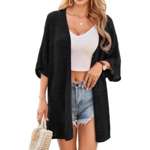 GRACE KARIN Womens Summer Short Sleeve Crochet Cardigan Sweaters Lightweight 2026 Oversized Knit Boho Kimono Cardigans(Black)