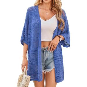 GRACE KARIN Womens Summer Short Sleeve Crochet Cardigan Sweaters Lightweight 2026 Oversized Knit Boho Kimono Cardigans(Blue)