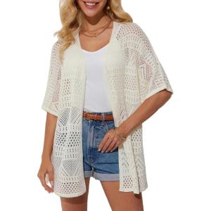 GRACE KARIN Womens Summer Short Sleeve Crochet Cardigan Sweaters Lightweight 2026 Oversized Knit Boho Kimono Cardigans(Ivory White)