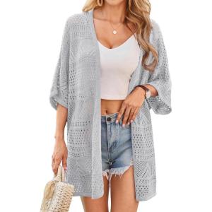 GRACE KARIN Womens Summer Short Sleeve Crochet Cardigan Sweaters Lightweight 2026 Oversized Knit Boho Kimono Cardigans(Light Grey)