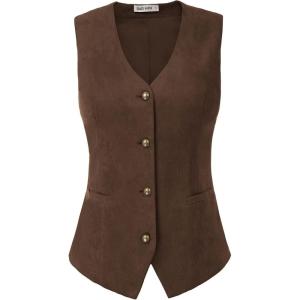 GRACE KARIN Women’s V-Neck Slim Fit Office Bottoned Dressy Suit Vest Waistcoats(Coffee)